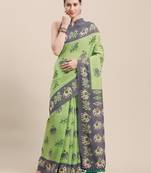Green Printed Faux Linen Saree With Blouse