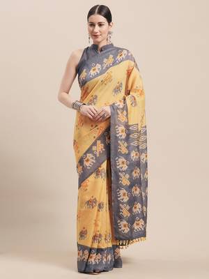 Yellow Printed Faux Linen Saree With Blouse 1