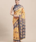 Yellow Printed Faux Linen Saree With Blouse