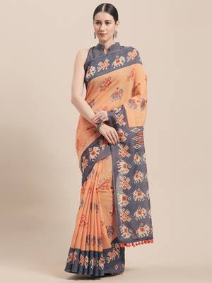 Peach Printed Faux Linen Saree With Blouse 1