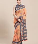 Peach Printed Faux Linen Saree With Blouse