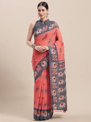 Pink Printed Faux Linen Saree With Blouse 1