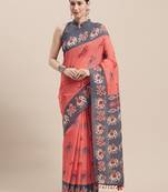 Pink Printed Faux Linen Saree With Blouse