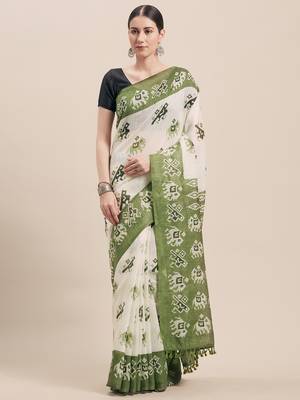 Off White Printed Faux Linen Saree With Blouse 1