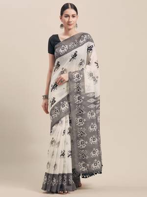 Off White Printed Faux Linen Saree With Blouse 1