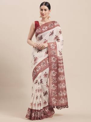 Off White Printed Faux Linen Saree With Blouse 1