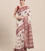 Off White Printed Faux Linen Saree With Blouse