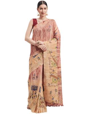 Beige Printed Faux Linen Saree With Blouse 1