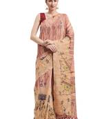 Beige Printed Faux Linen Saree With Blouse