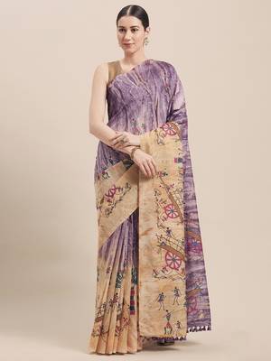 Beige Printed Faux Linen Saree With Blouse 1
