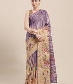 Beige Printed Faux Linen Saree With Blouse