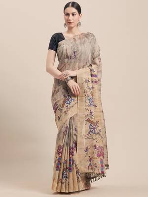 Beige Printed Faux Linen Saree With Blouse 1