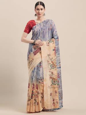 Beige Printed Faux Linen Saree With Blouse 1