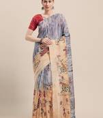 Beige Printed Faux Linen Saree With Blouse
