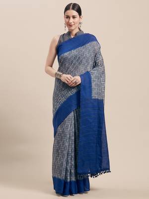 Grey Printed Faux Linen Saree With Blouse 1