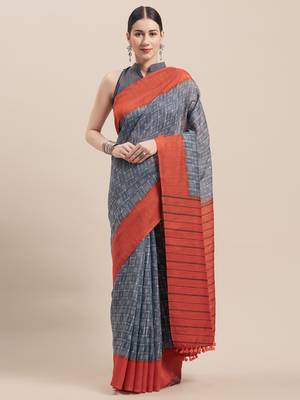 Grey Printed Faux Linen Saree With Blouse 1