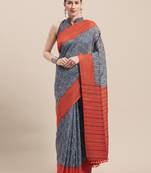 Grey Printed Faux Linen Saree With Blouse