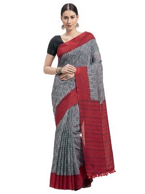 Grey Printed Faux Linen Saree With Blouse 1