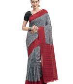 Grey Printed Faux Linen Saree With Blouse