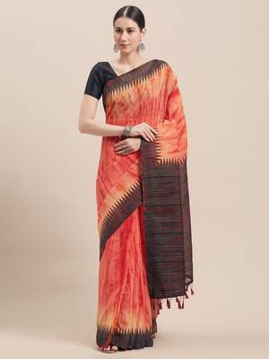 Peach Printed Faux Linen Saree With Blouse 1