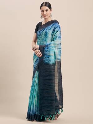 Turquoise Printed Faux Linen Saree With Blouse 1