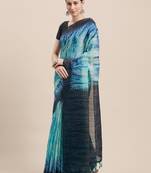 Turquoise Printed Faux Linen Saree With Blouse