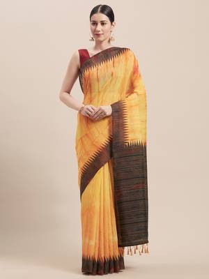 Yellow Printed Faux Linen Saree With Blouse 1