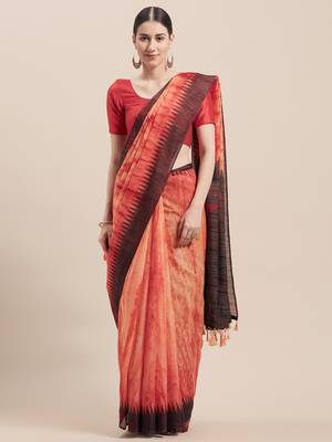 Orange Printed Faux Linen Saree With Blouse 1