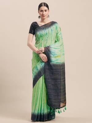 Green Printed Faux Linen Saree With Blouse 1