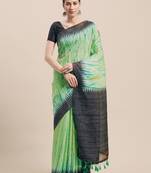 Green Printed Faux Linen Saree With Blouse