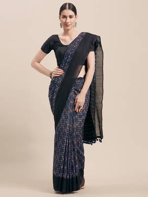 Blue Printed Faux Linen Saree With Blouse 1