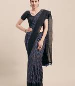 Blue Printed Faux Linen Saree With Blouse