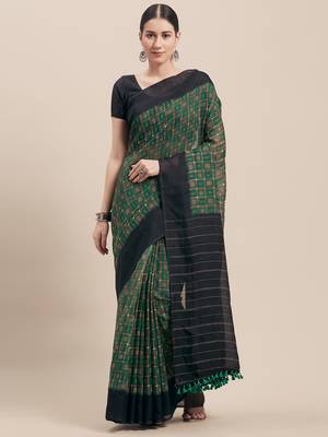 Green Printed Faux Linen Saree With Blouse 1