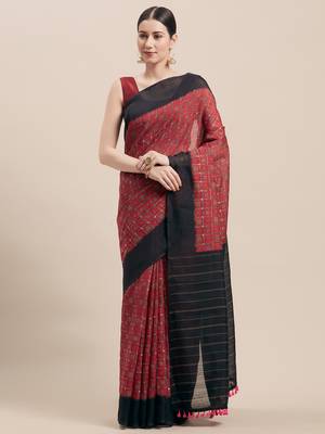 Magenta Printed Faux Linen Saree With Blouse 1