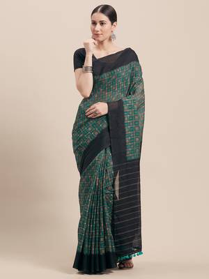 Teal Printed Faux Linen Saree With Blouse 1