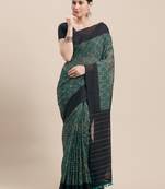 Teal Printed Faux Linen Saree With Blouse