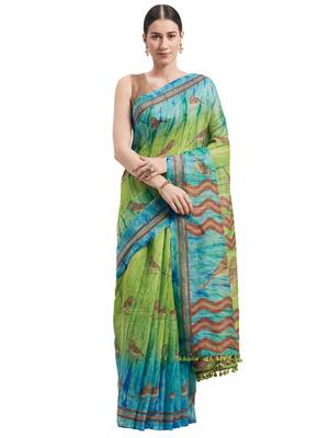 Green Printed Faux Linen Saree With Blouse 1