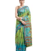 Green Printed Faux Linen Saree With Blouse