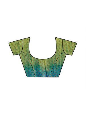 Green Printed Faux Linen Saree With Blouse 2
