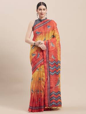 Yellow Printed Faux Linen Saree With Blouse 1