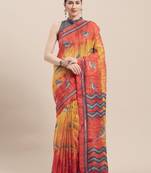 Yellow Printed Faux Linen Saree With Blouse