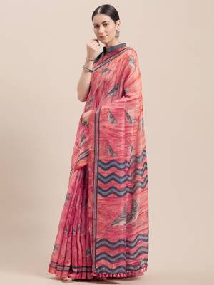 Pink Printed Faux Linen Saree With Blouse 1