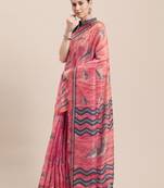 Pink Printed Faux Linen Saree With Blouse