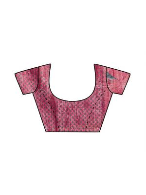 Pink Printed Faux Linen Saree With Blouse 2