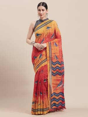 Red Printed Faux Linen Saree With Blouse 1