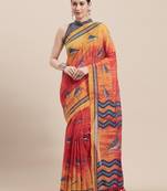 Red Printed Faux Linen Saree With Blouse