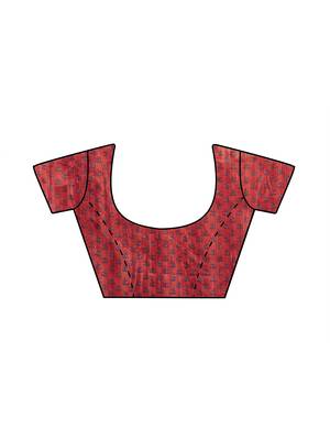 Red Printed Faux Linen Saree With Blouse 2