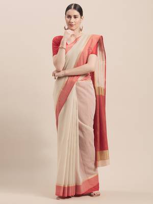 Beige Woven Cotton Saree With Blouse 1