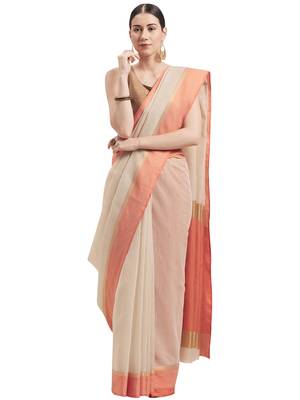 Beige Woven Cotton Saree With Blouse 1