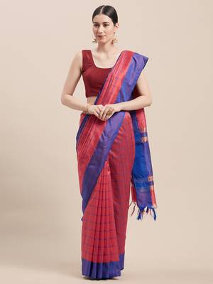 Magenta Woven Cotton Saree With Blouse 1